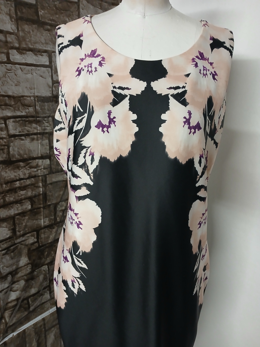 Calvin Klein Black Floral Midi Dress with Blush and Purple Accents